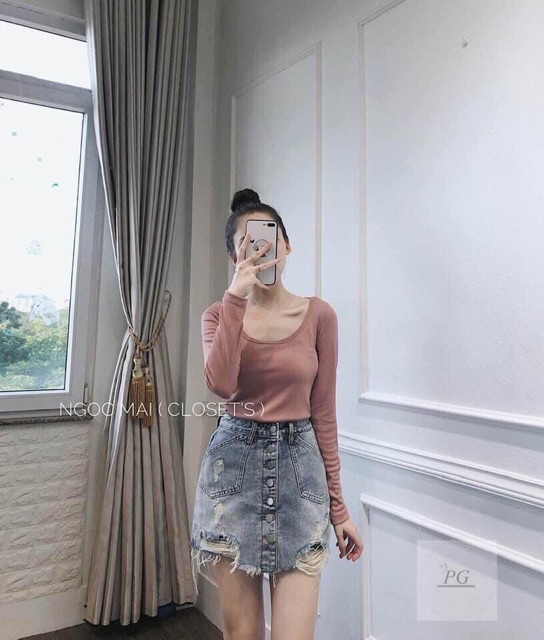 Áo body croptop cổ u tay dài