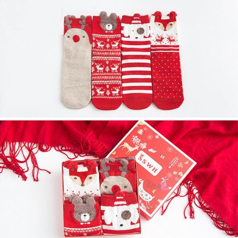 Tất Nữ dễ thương Bear họa tiết NOEL vải cotton co dãn bền bỉ, ngăn mùi kháng khuẩn