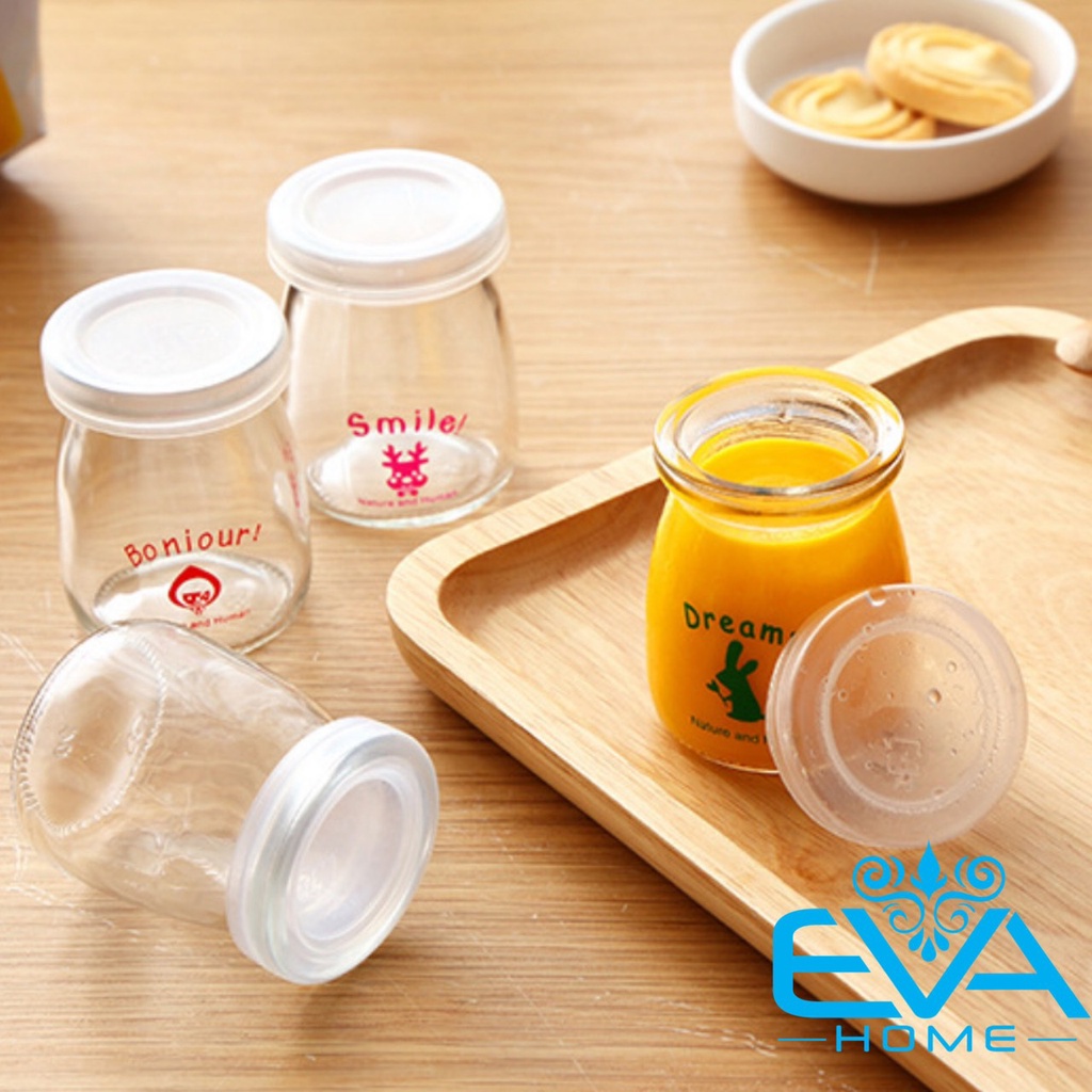 Lọ Thuỷ Tinh / Hũ Thuỷ Tinh In Hoạ Tiết Kèm Nắp Nhựa 100 Ml Dùng Đựng Sữa Chua Hoặc Chưng Yến Tiện Dụng SP1030