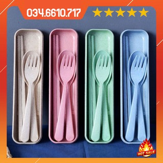 Bộ đũa thìa dĩa lúa mạch có hộp đựng sạch sẽ tiện lợi cho bé