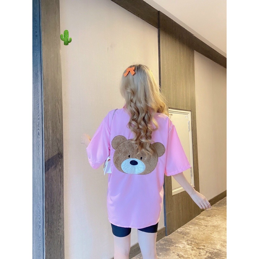 Áo sơ tay lỡ form rộng thêu hình gấu sau lưng cực xinh , chất kate mềm mịn