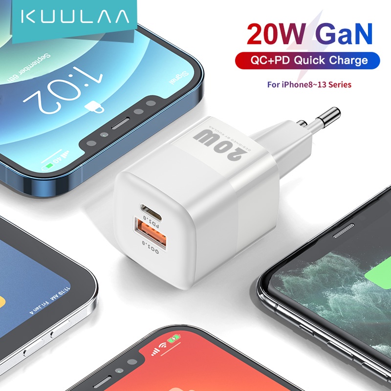 Cốc sạc GaN Kuulaa 20W 2 cổng siêu nhỏ cho iPhone và điện thoại android