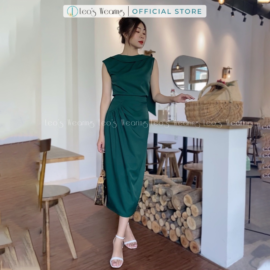 Set váy công sở LEOSWEARING chân váy midi dáng dài ruốc nhún mix áo sát nách thanh lịch N07 Q19