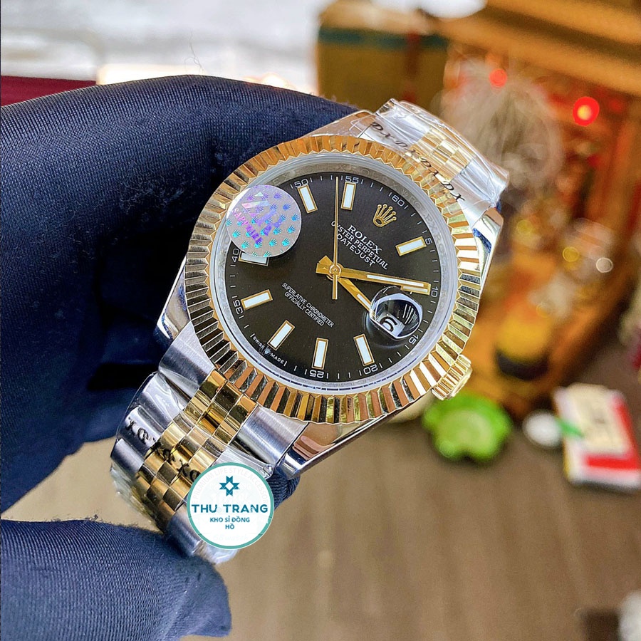 Đồng hồ Nam Rolex máy nhật, mẫu classic, mặt đen viền vàng dây kim loại, dòng cơ Automatic size 39mm-40mm