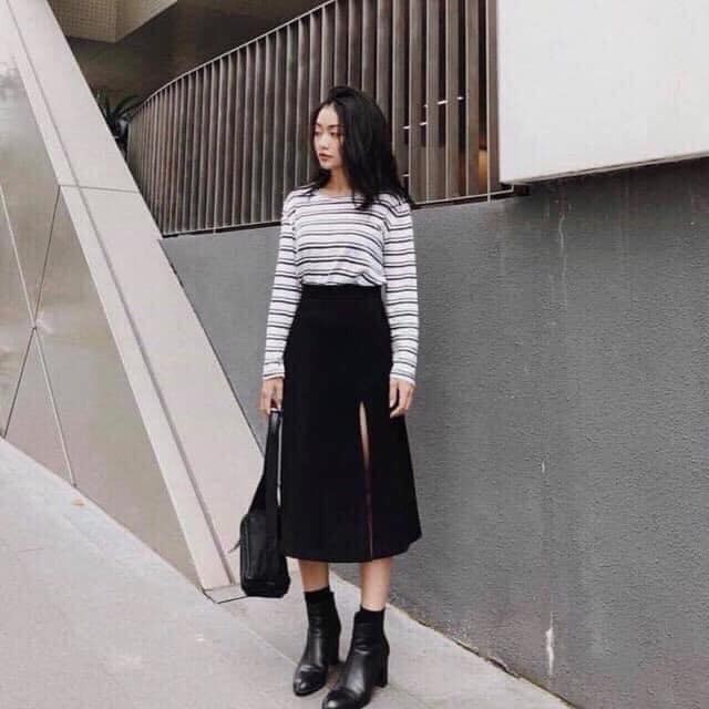 Chân Váy Dáng Dài XẺ TRƯỚC Vải Tuyết Mưa