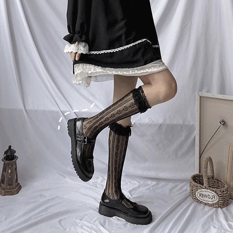 Black White Lace Heart Stockings High Middle Tube Thigh Over Knee Socks Female Love Lace Japanese College Style Ultra-thin Sexy