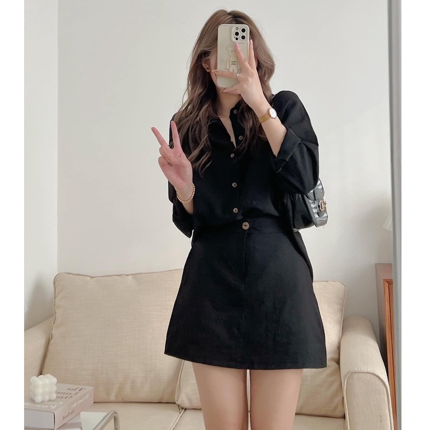 Set Sơ Mi Tay Dài Kèm Chân Váy Nhiều Màu Chất Đũi Thoáng Mát, Labibi