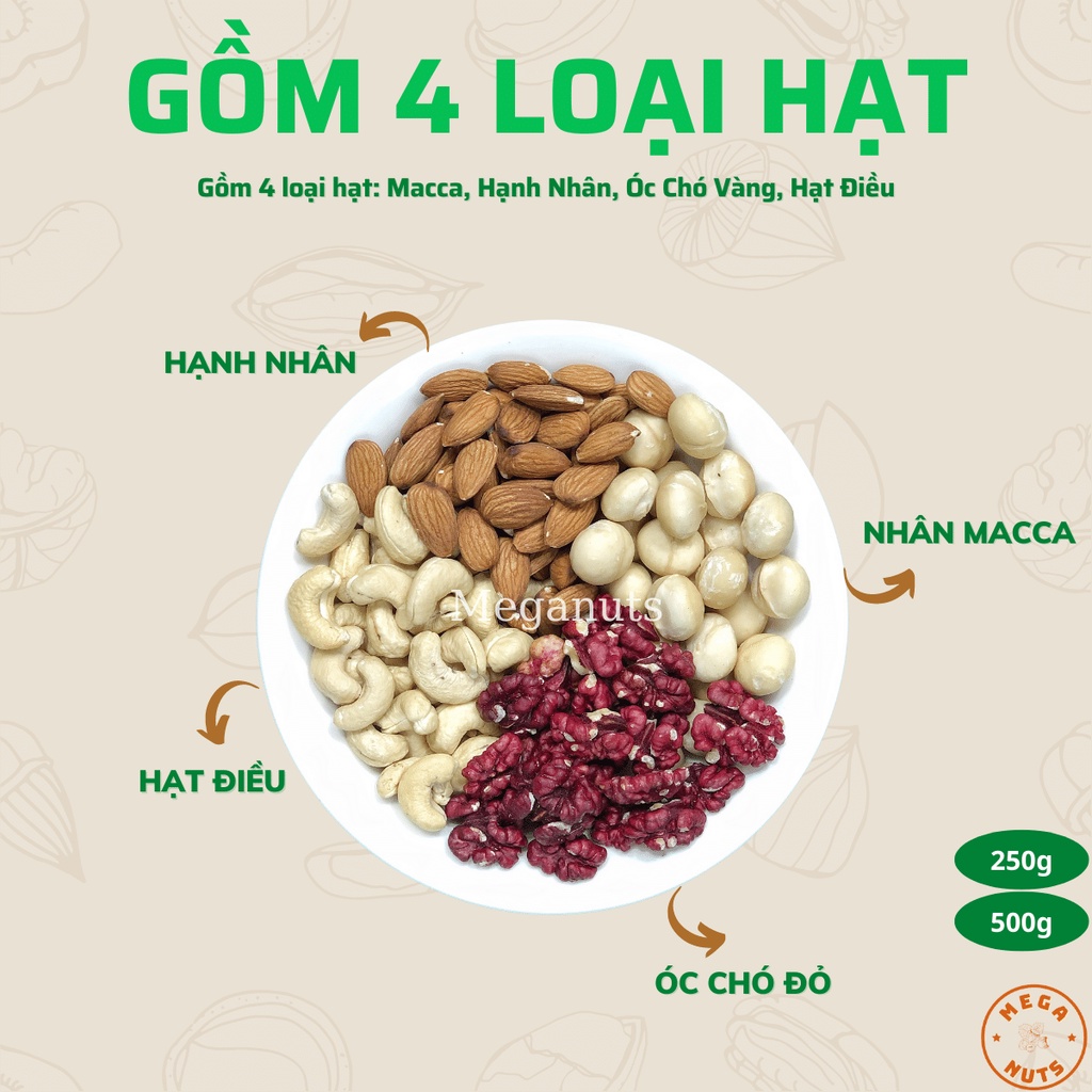 Hạt Dinh Dưỡng Mix 4 Loại Hạt Meganuts Đã Sấy Chín Ăn Liền - Hạt Ngũ Cốc Dinh Dưỡng Cao Cấp siêu ngon cho mẹ bầu 500g