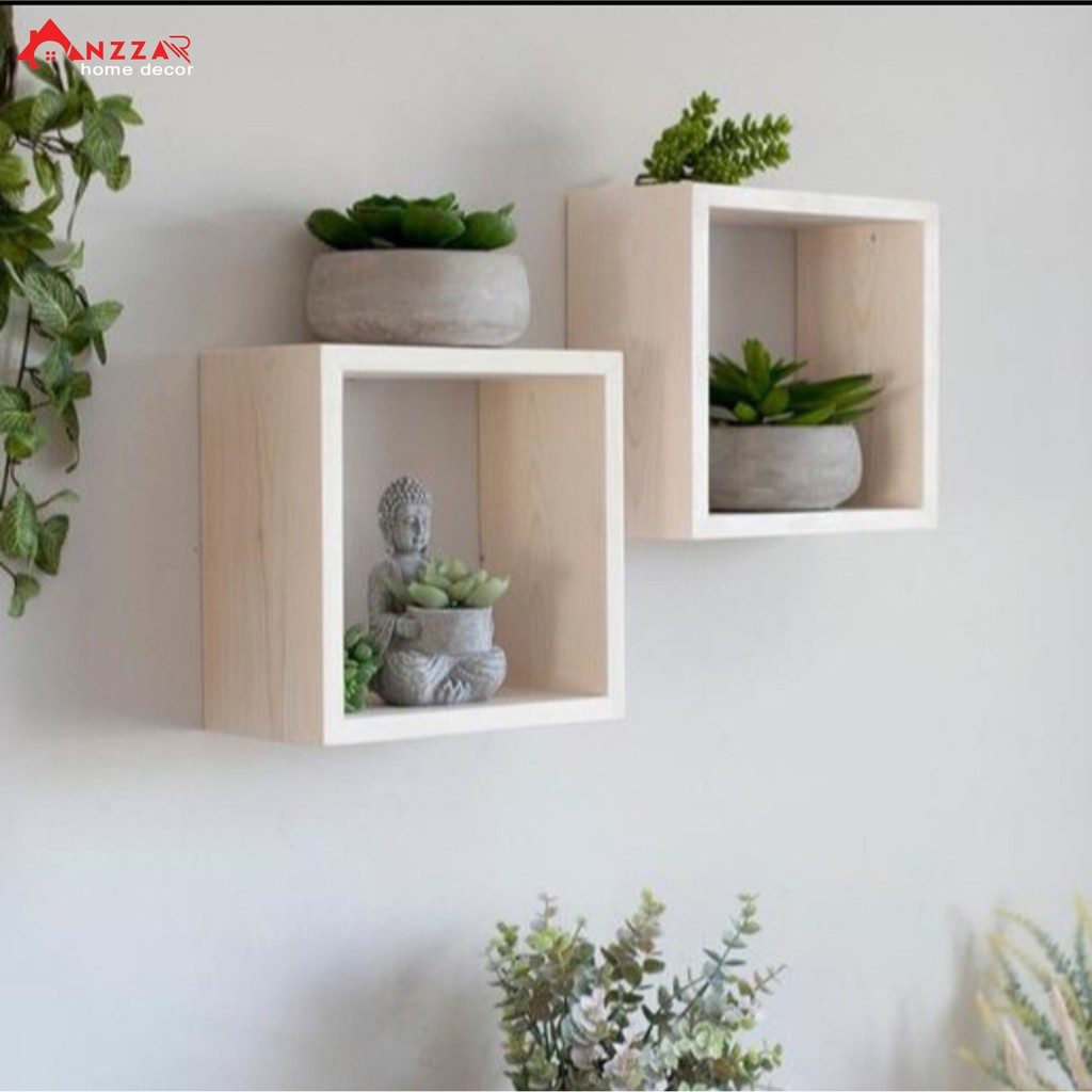 Kệ gỗ treo tường hình hộp vuông để lọ hoa, đồ lưu niệm trang trí nhà cửa Anzzar
