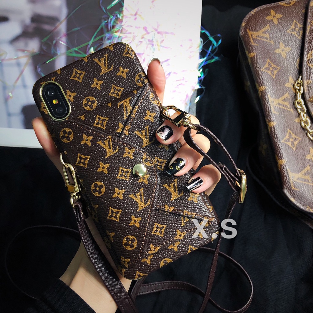 Ốp điện thoại họa tiết LV có ngăn đựng thẻ và dây đeo thích hợp cho iPhone 7 8 Plus X Xr XS Max 11 12 13 Pro Max 12 Mini