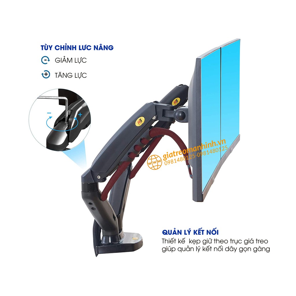 Giá Treo 2 Màn Hình NB-F160 Hỗ Trợ Màn 17 -30 Inch / Tải Trọng 9Kg 1 Tay - Lắp Đặt Kẹp Bàn &amp; Vít Xuyên Bàn - Model 2022