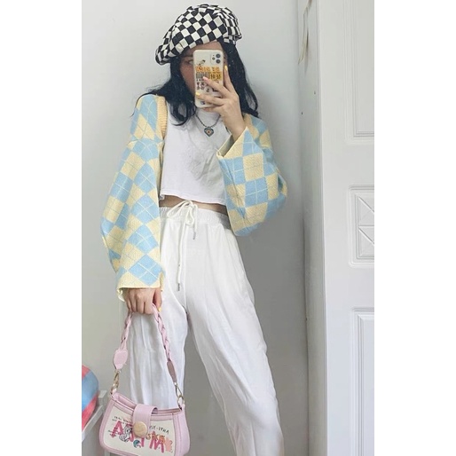 Áo khoác cardigan croptop form rộng dài tay nữ kẻ ô caro