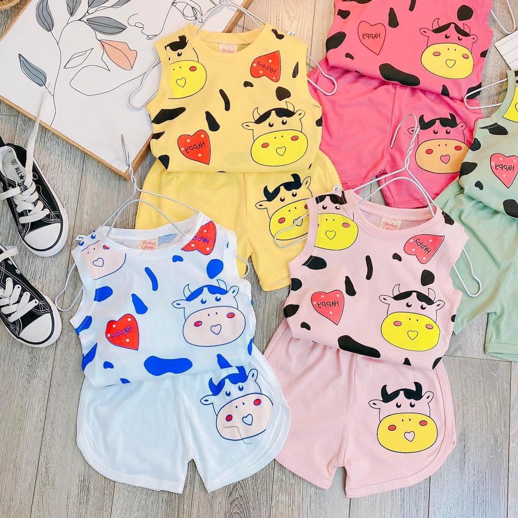 [MẪU MỚI] BỘ BA LỖ IN HÌNH BÒ SỮA CHẤT COTTON MỀM MÁT CHO BÉ YÊU 7-18KG. VIDEO THẬT. XƯỞNG MAY BIBO