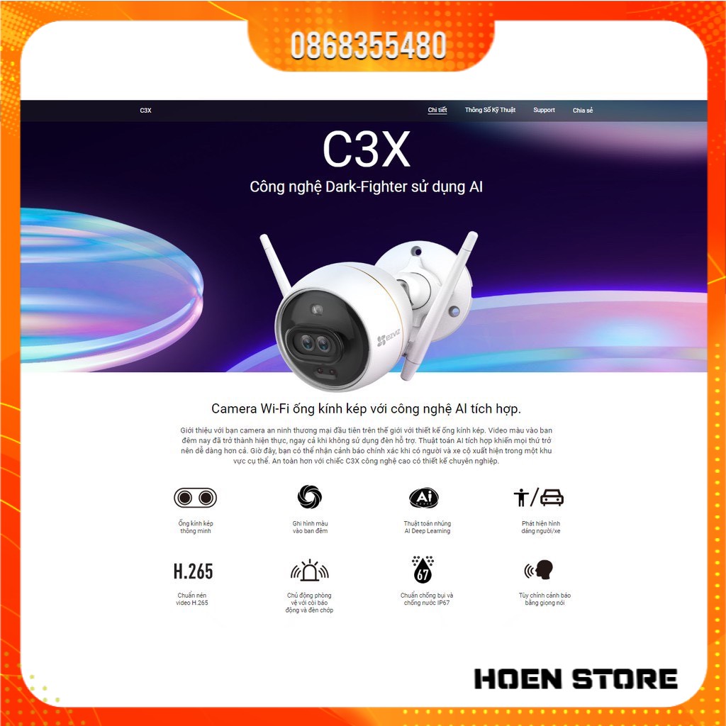 Camera Wifi EZVIZ Ngoài Trời C3X (CS-CV310) 2.0MP 1080P , có màu ban đêm, báo động công nghệ AI