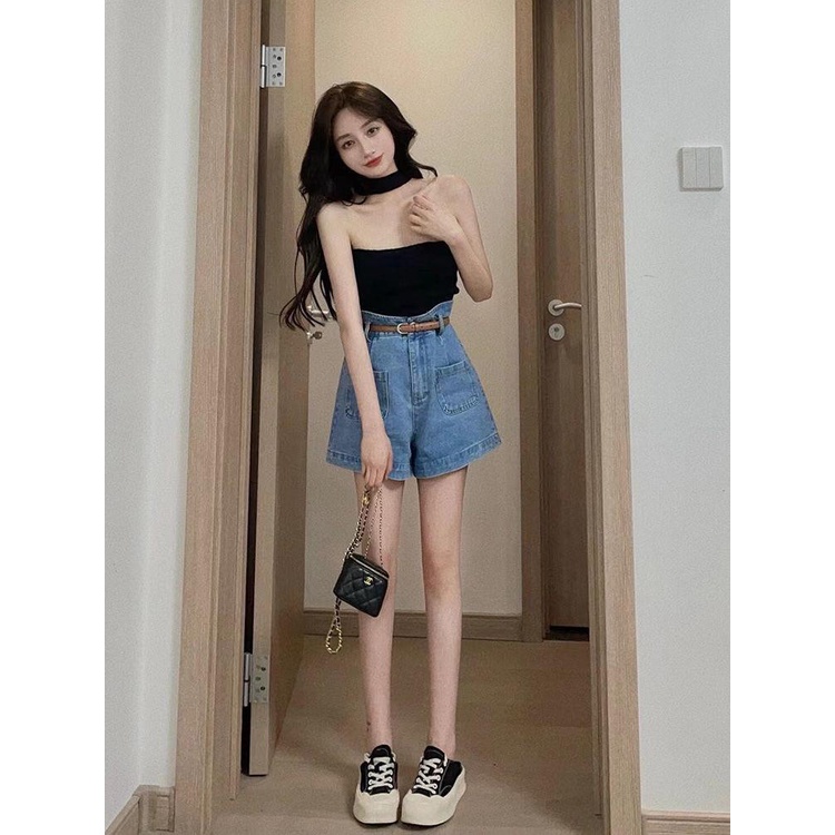 Quần Short Denim Lưng Cao Ống Rộng Phong Cách Retro Hong Kong Thời Trang Mùa Hè Hàng Mới 2022 Dành Cho Bạn Nữ