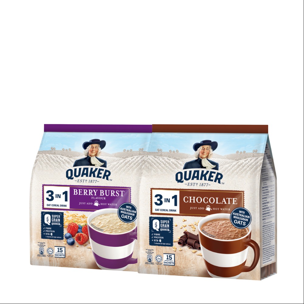 [Mã GRO1APR giảm 20K đơn 150K] Combo 2 Túi Thức Uống Yến Mạch Quaker 3in1 Vị Berry Burst 450g &amp; Chocolate 420g