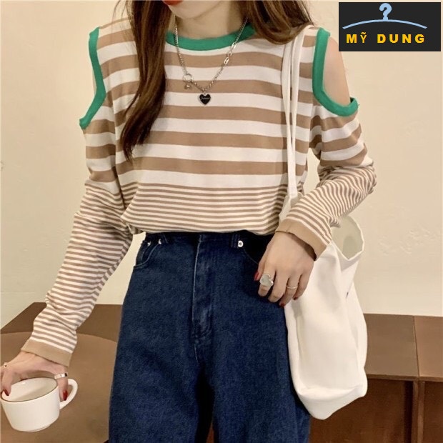 ÁO LEN SỌC TAY DÀI KHOÉT VAI VIỀN XANH- FORM RỘNG,CHẤT LEN MỎNG NHẸ, MỊN, MỀM, MÁT.. KUTE,NĂNG ĐỘNG, CÁ TÍNH RẤT DỄ PHỐI