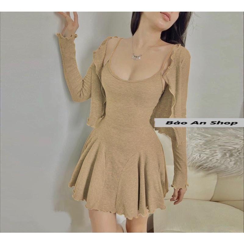Sét đầm xoè dây from ngắn + áo khoác hót