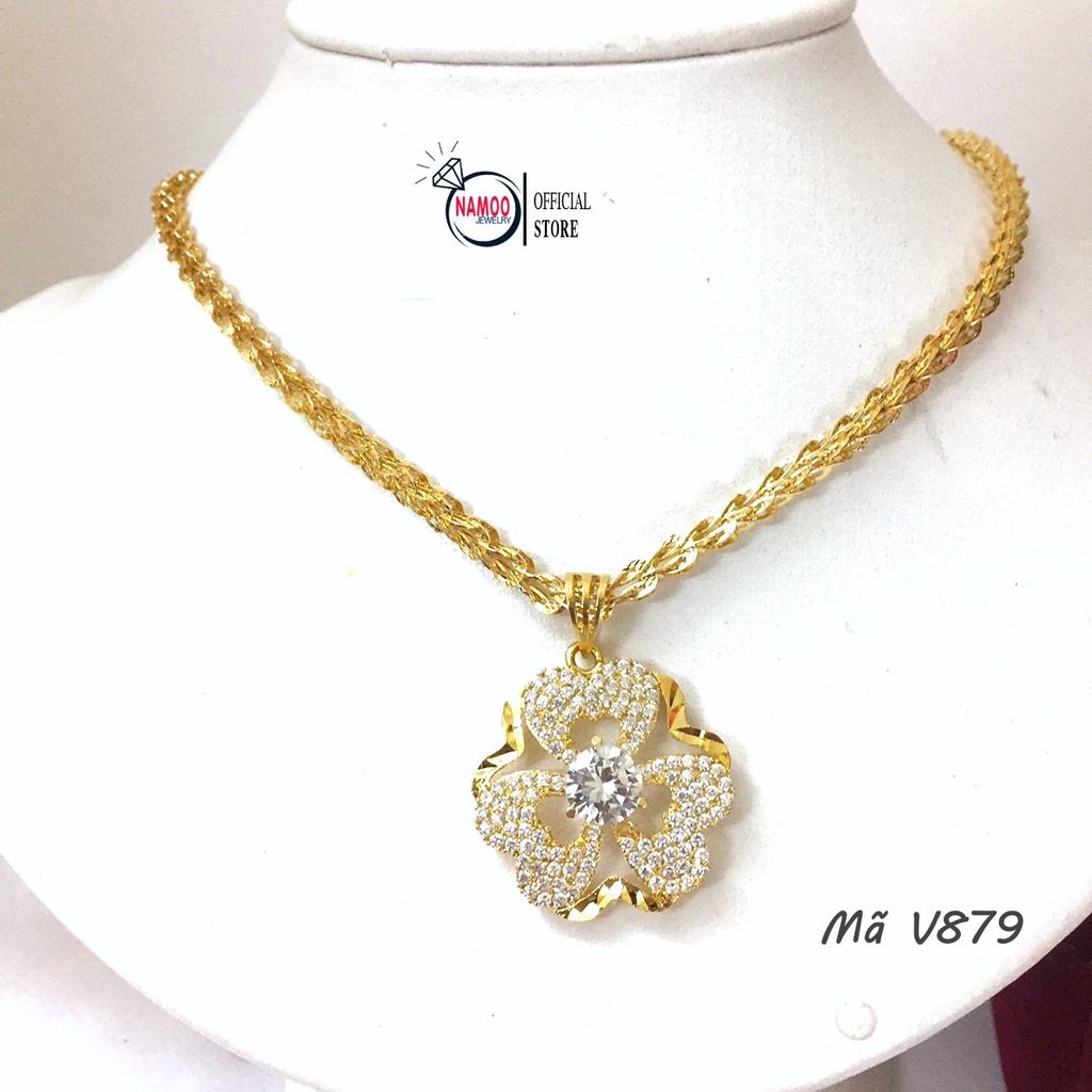 Dây Chuyền Titan Nữ V879 Cỏ Ba Lá Đính Đá Lớn Kết Hợp Dây Dẹt V007 Bền Màu