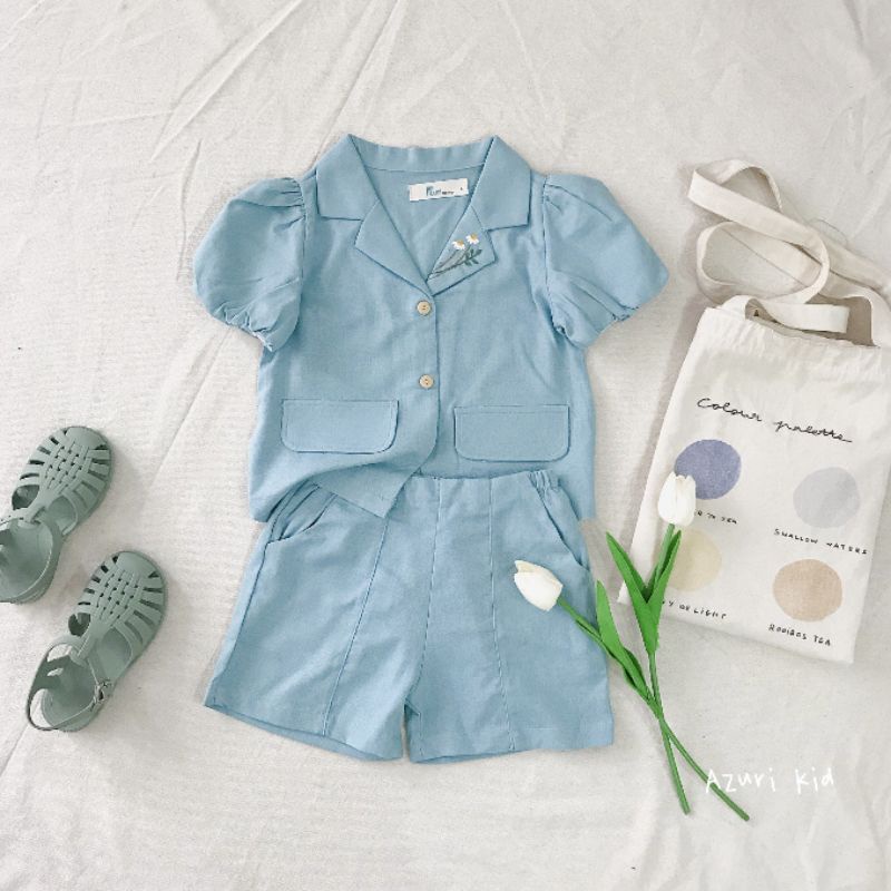 Bộ vest bé gái thêu hoa cúc vải linen mềm bé 1-10 tuổi