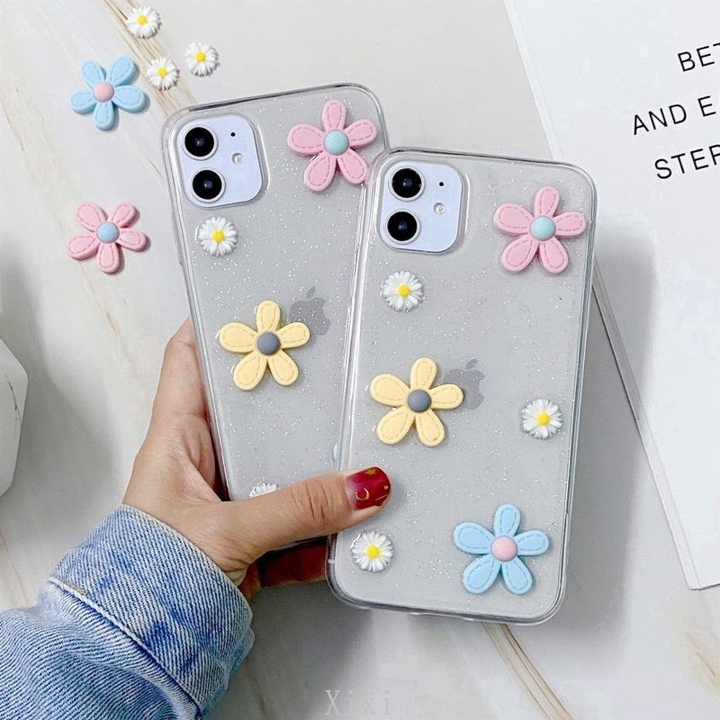 Casing Realme 7 Pro C15 C11 6 Pro 6i 5i 5 5s 5 Pro XT X2 C3 C1 2Pro Daisy Flower Clear Silicone Soft Case Fashion 3D Phone Case Epoxy Glitter Phone Case Shockproof Anti-fall Protective Back Cover