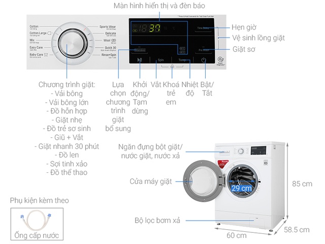 [Mã ELLGMAY giảm 10% đơn 500K] Máy giặt lồng ngang LG Inverter 9kg (Trắng)-FM1209N6W - Miễn phí lắp đặt