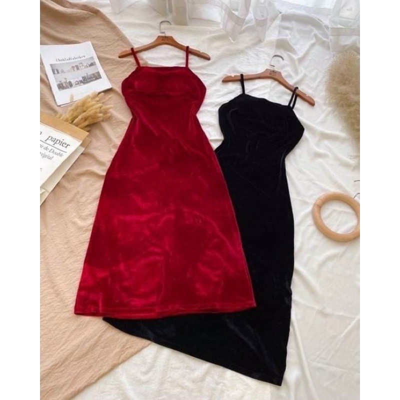 Đầm Nhung 2 dây dài qua gối loại1 có mút ngực. ĐEN-Đỏ | BigBuy360 - bigbuy360.vn