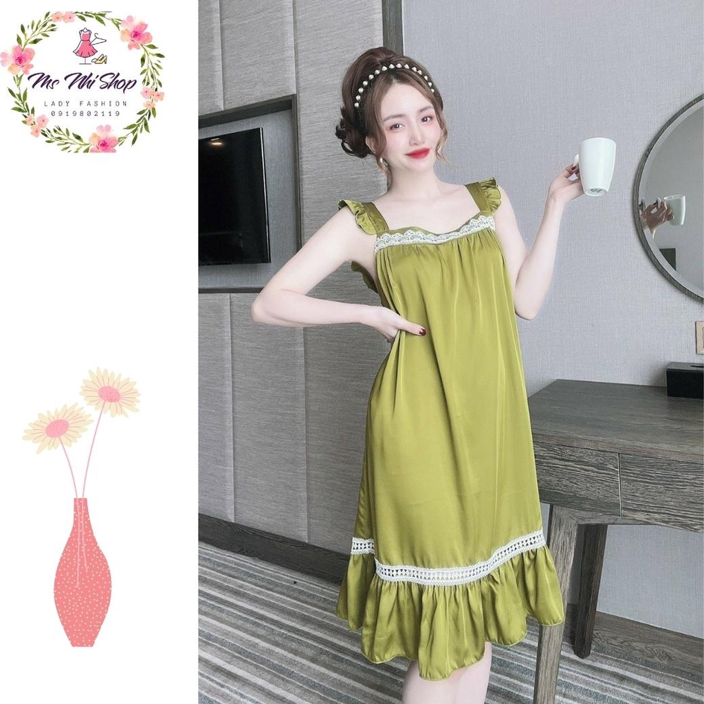 Đầm ngủ lụa latin, cổ vuông phối ren tay cánh tiên quyến rũ