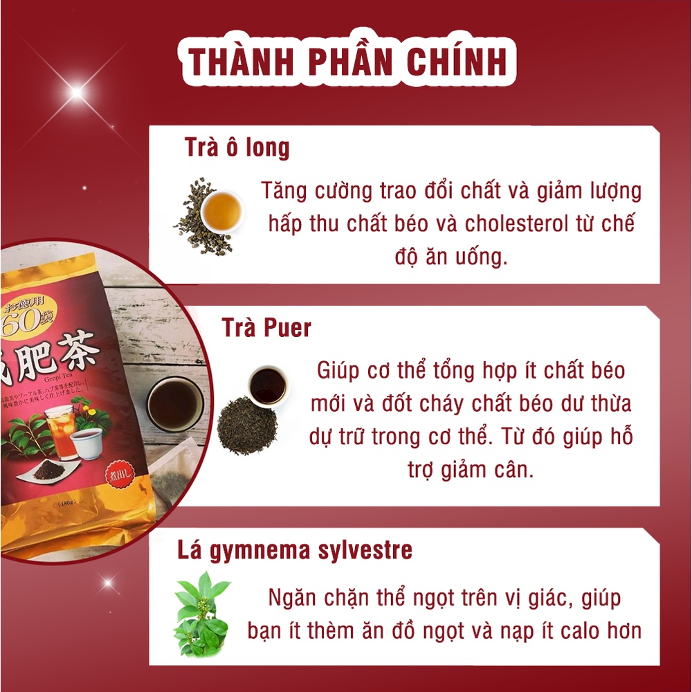 Trà giảm mỡ bụng Genpi Orihiro Nhật Bản hỗ trợ giảm béo, mỡ bắp tay và đùi, chống oxy hoá gói 60 túi lọc TM-OR-GEN01