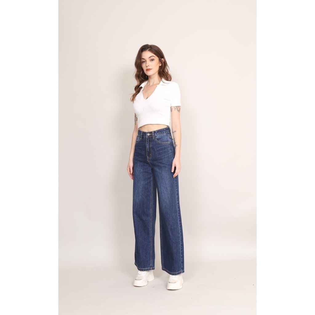 Quần Jean Nữ Ống Rộng Lưng Cao Cotton Trơn Gấu Thường  CT Jeans