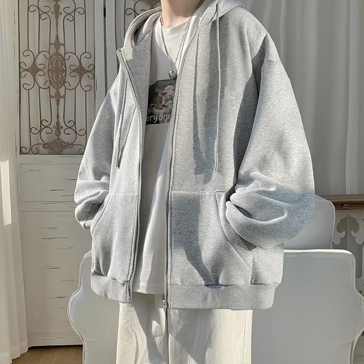 Áo Khoác hoodie Màu Trơn Phối Khóa Kéo Thời Trang Hàn Quốc Cho Nam Và Nữ