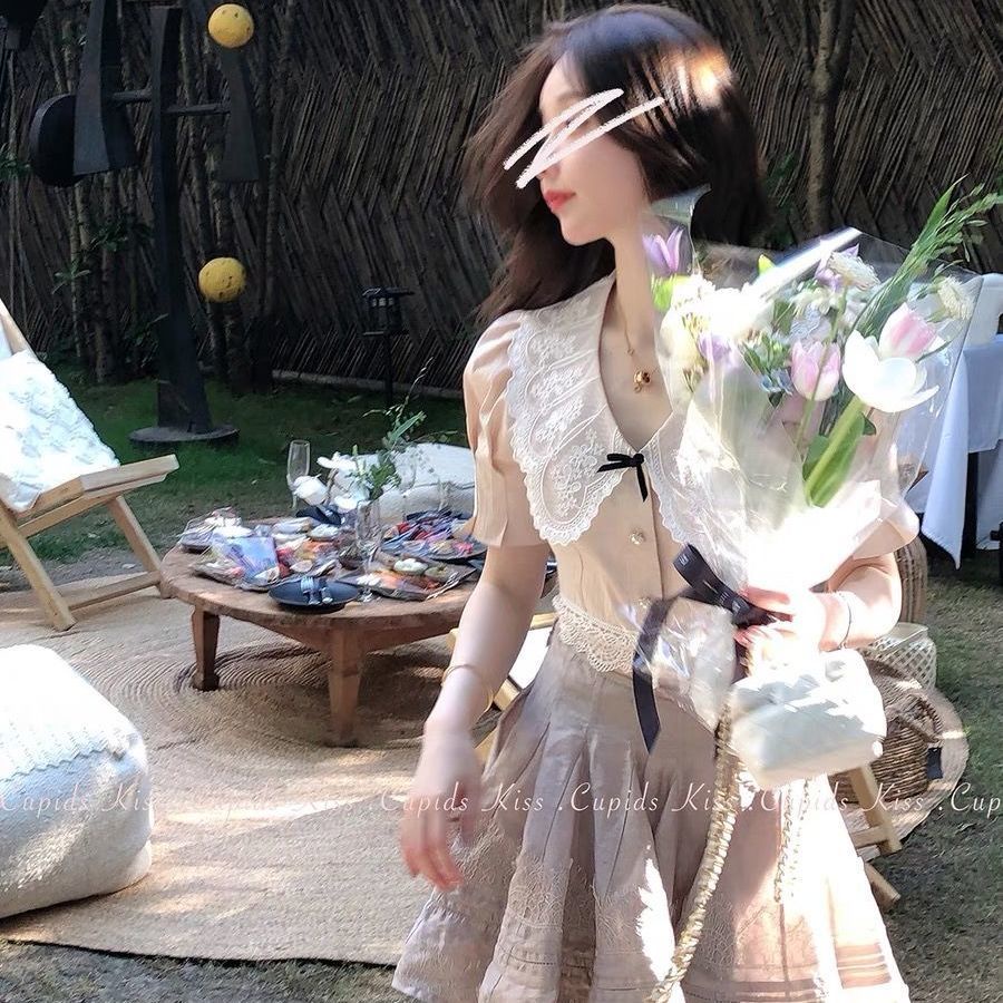 Set áo cổ ren và chân váy chữ A phong cách mới cho nữ