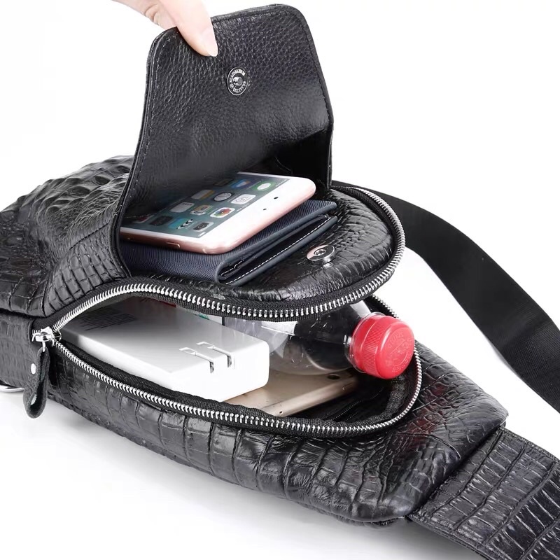 Túi đeo chéo nam da bò thật dập vân cá sấu cao cấp khoá kim loại cao cấp