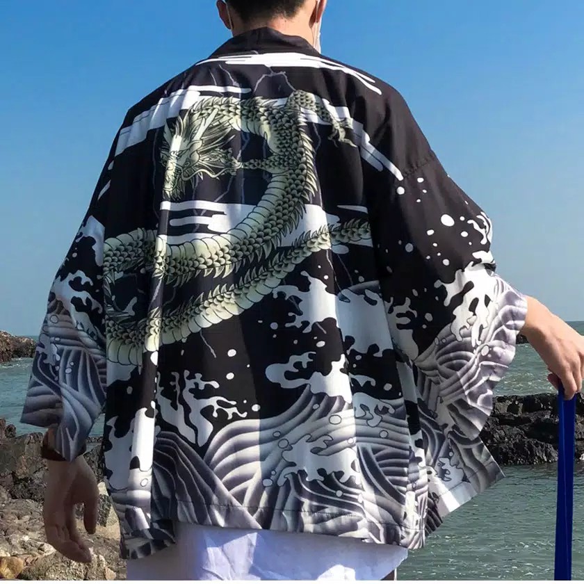 Áo Khoác Kimono In Hình Rồng Trắng Đen Phong Cách Nhật Bản