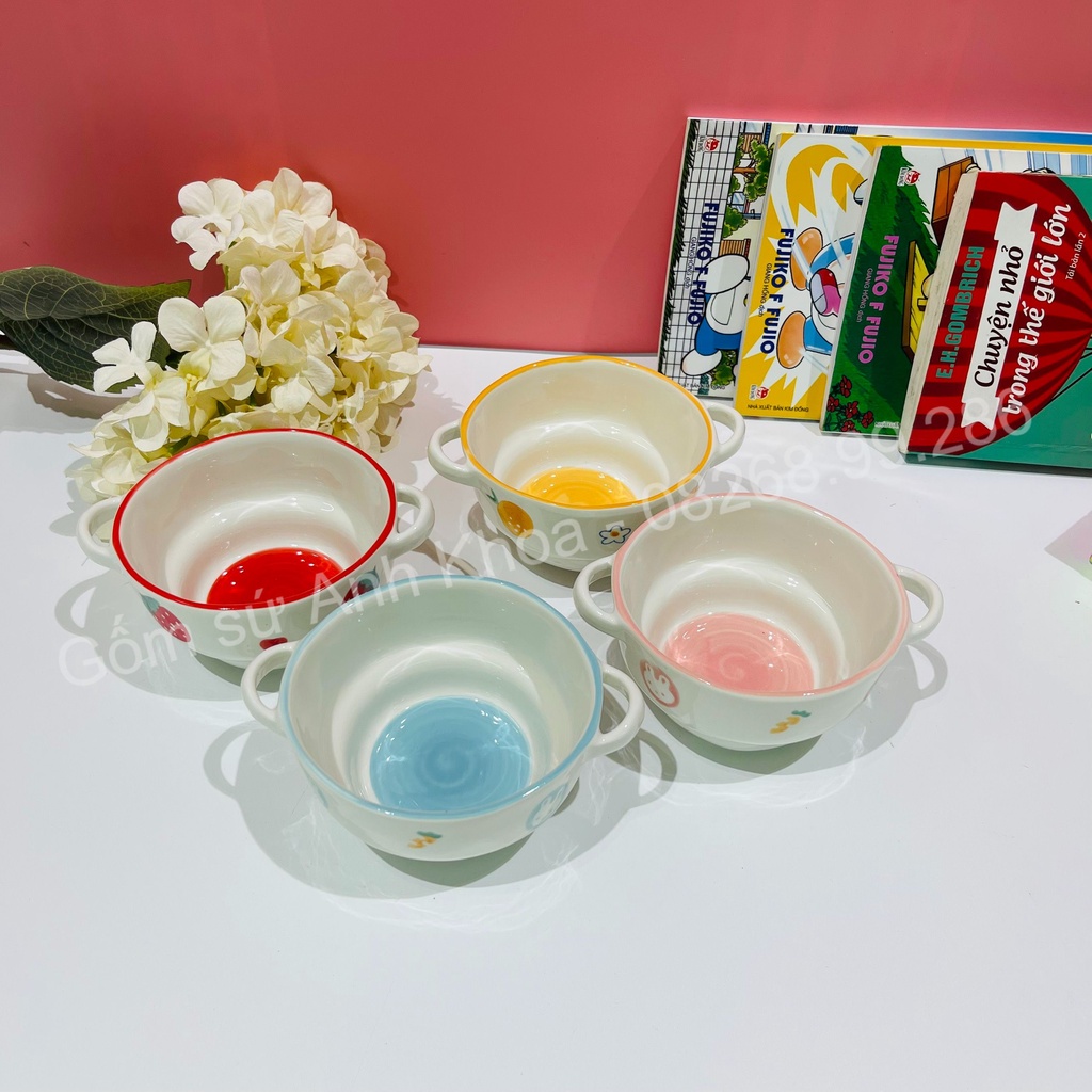 Bát đĩa gốm sứ decor bát có hai tai dùng ăn dặm, ăn cơm trang trí món ăn cực cute đáng yêu