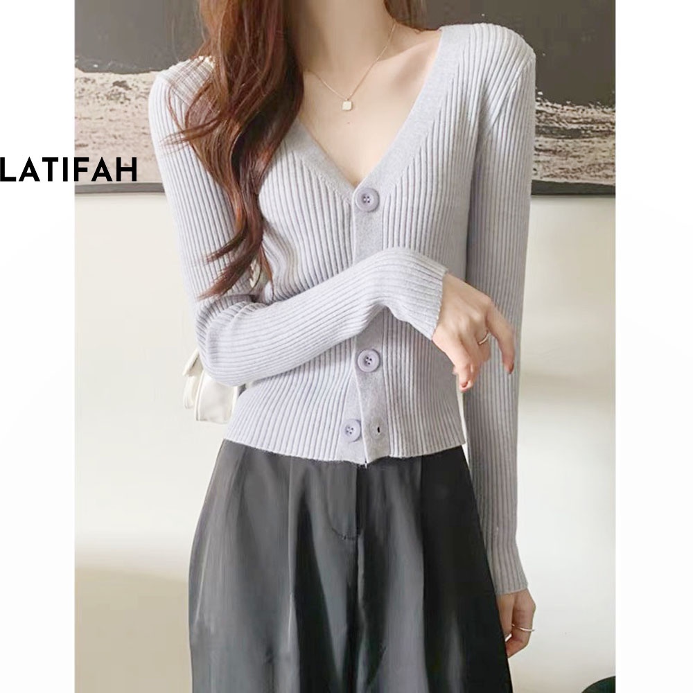 Áo thun croptop tay dài cổ chữ V LATIFAH có cài cúc AT020 thun co giãn 4 chiều