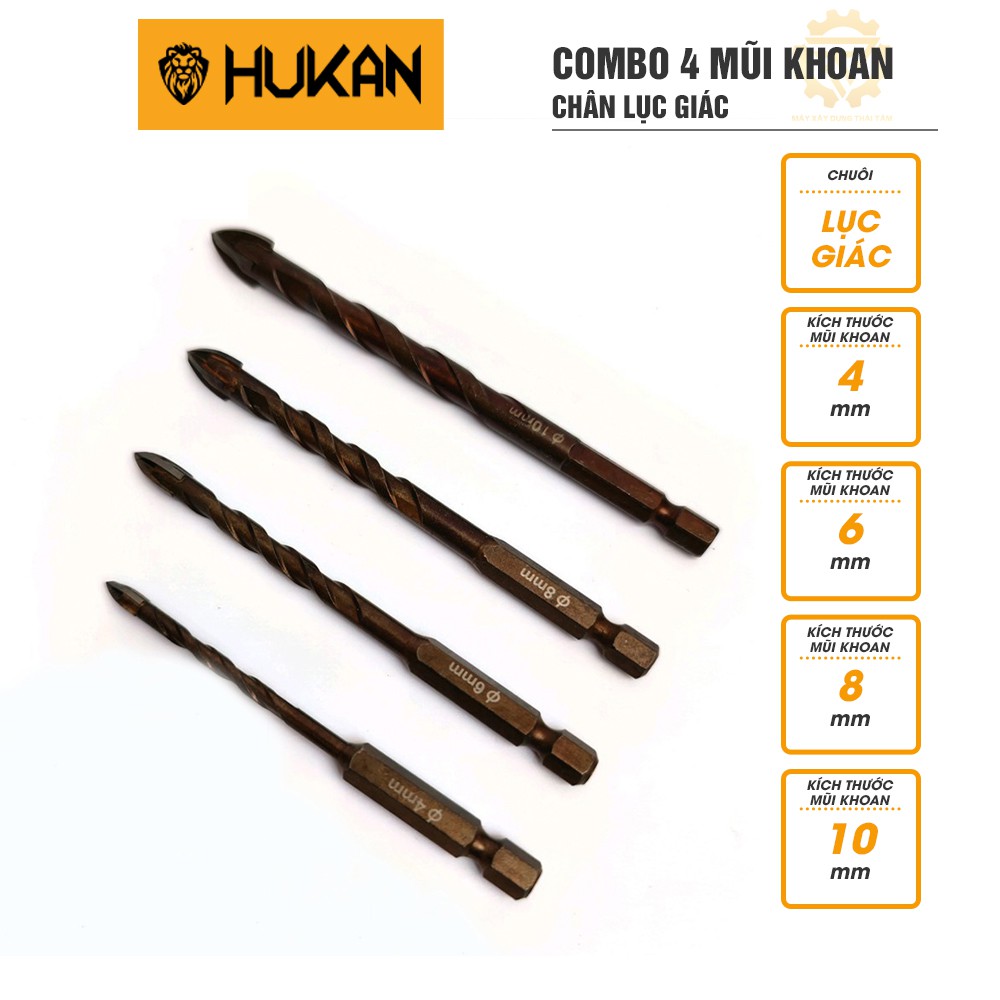 Combo 4 mũi khoan đa năng chân lục giác HUKAN 4ly, 6ly, 8ly, 10ly