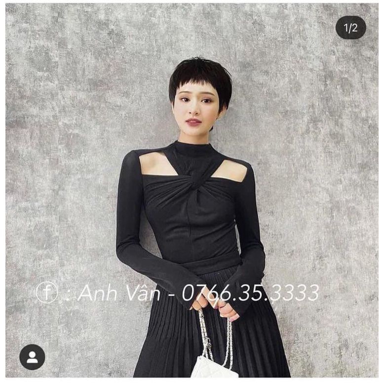 Áo FOREVER21 ôm body thun cotton bozip tay dài cổ xoắn nơ đen hở vai cách điệu