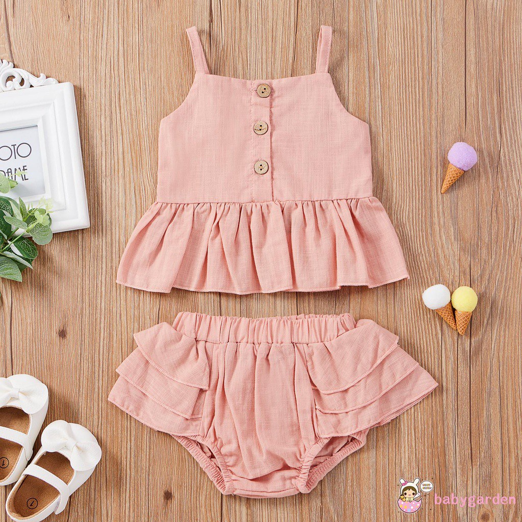 Bộ Áo Hai Dây Phối Quần Short Có Nút Màu Trơn Thời Trang Mùa Hè Cho Bé Gái