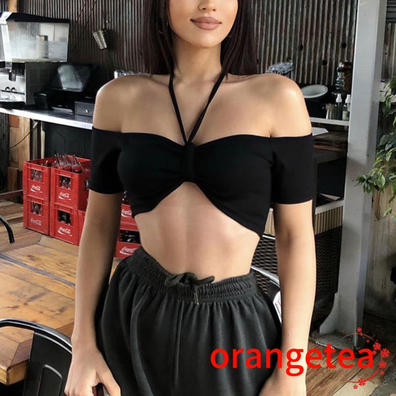 Áo Croptop Tay Ngắn Hở Vai Màu Sắc Trơn Thời Trang Dành Cho Nữ