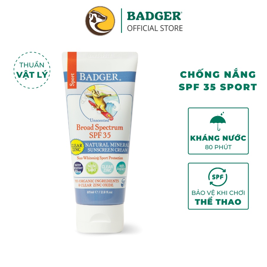 Kem chống nắng vật lý thể thao BADGER Sport Clear SPF 35 kháng nước mạnh, bảo vệ phổ rộng an toàn san hô - 87mL