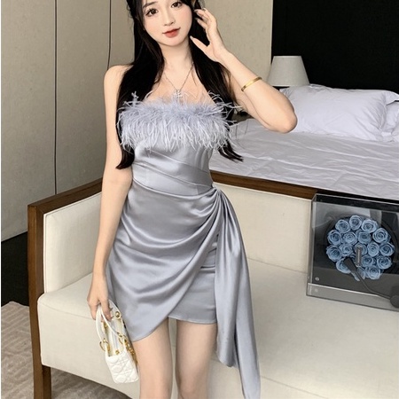 Đầm Satin Mỏng Cổ Gấp Eo Cao Gợi Cảm Mùa Hè Phong Cách Mới Kiểu Pháp Cho Nữ