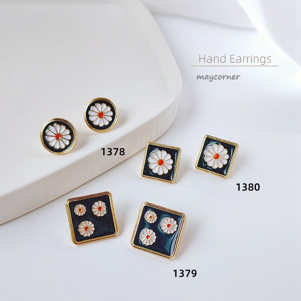 Khuyên tai petro xanh hoa cúc mạ bạc 925 cao cấp