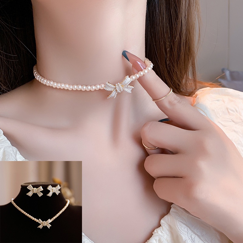 Bộ Vòng cổ + Bông Tai Hình Nơ Đính Ngọc Trai Nhân Tạo Thời Trang Hàn Quốc