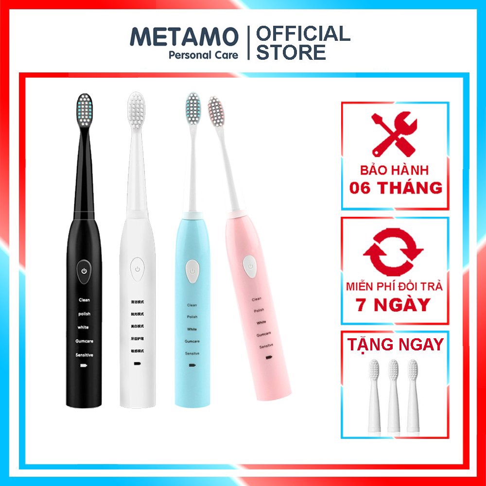 Bàn chải điện đánh răng điện METAMO, ban chai dien tự động 5 cấp độ sạc pin phù hợp cho cả người lớn và trẻ em