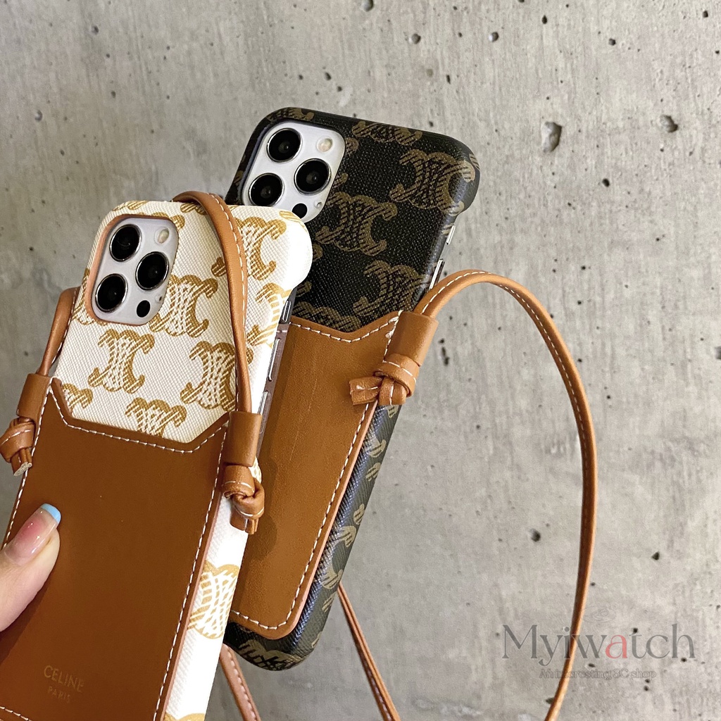 Ốp Điện Thoại Da Kèm Ngăn Đựng Thẻ Và Dây Đeo Chống Rơi Cho iphone 13 Pro Max 12 11 Pro Max
