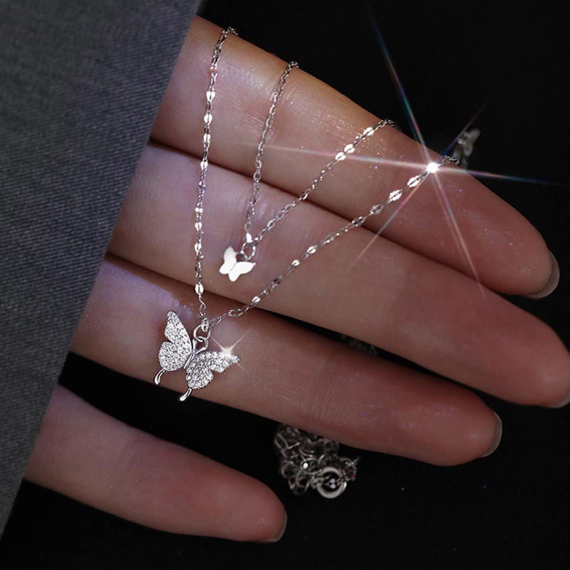 Vòng cổ Bạc Hai Lớp Fantastic789 Mặt Hình Bướm Đính Đá Pha Lê Phong Cách Hàn Quốc Cho Nữ