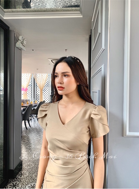 Váy Đầm Dự Tiệc Xếp Li Eo Tafta Nhật Vàng/Đồng/Xanh_LeCoong V26 | BigBuy360 - bigbuy360.vn