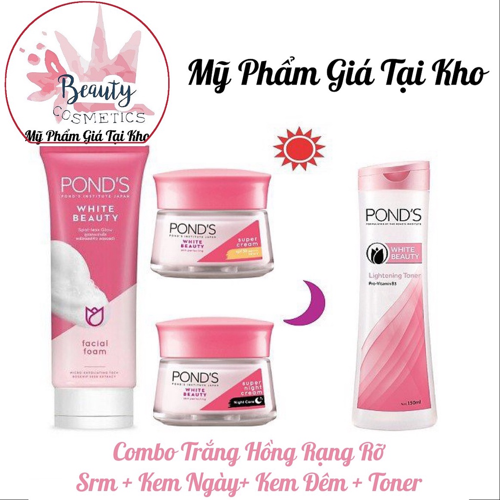 bộ sản phẩm Pond's Trắng Hồng Rạng Rỡ (Sữa Rửa Mặt, Kem Dưỡng Ngày Và Đêm, Nước Hoa Hồng)