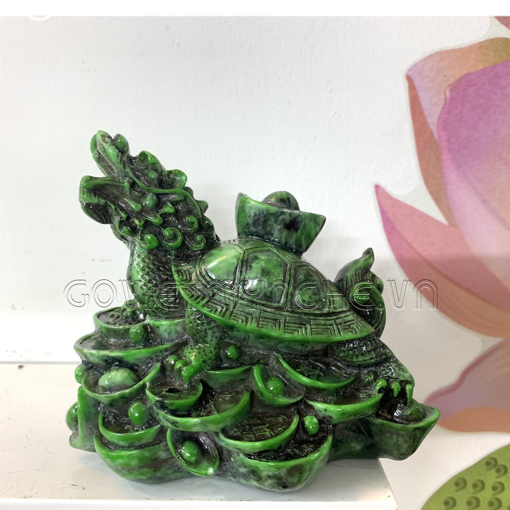 Tượng đá long quy - Rùa đầu rồng trang trí phong thủy - Long quy cõng thỏi vàng - Cao 10cm - Màu xanh lục bích